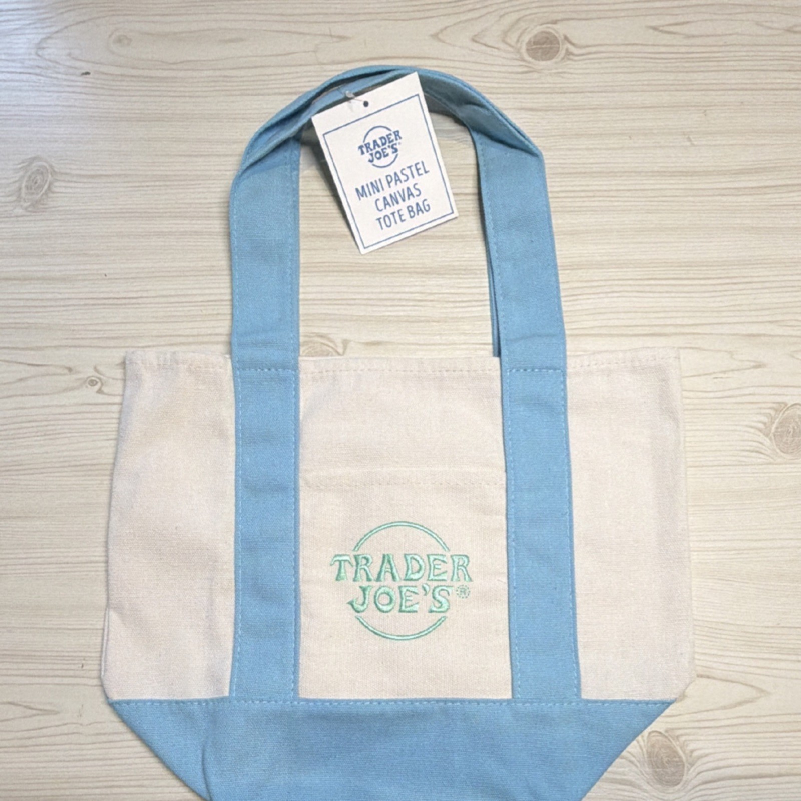 Trader Joe’s Mini Pastel Canvas Tote Bag Small Beige Blue Plain Solid Canvas