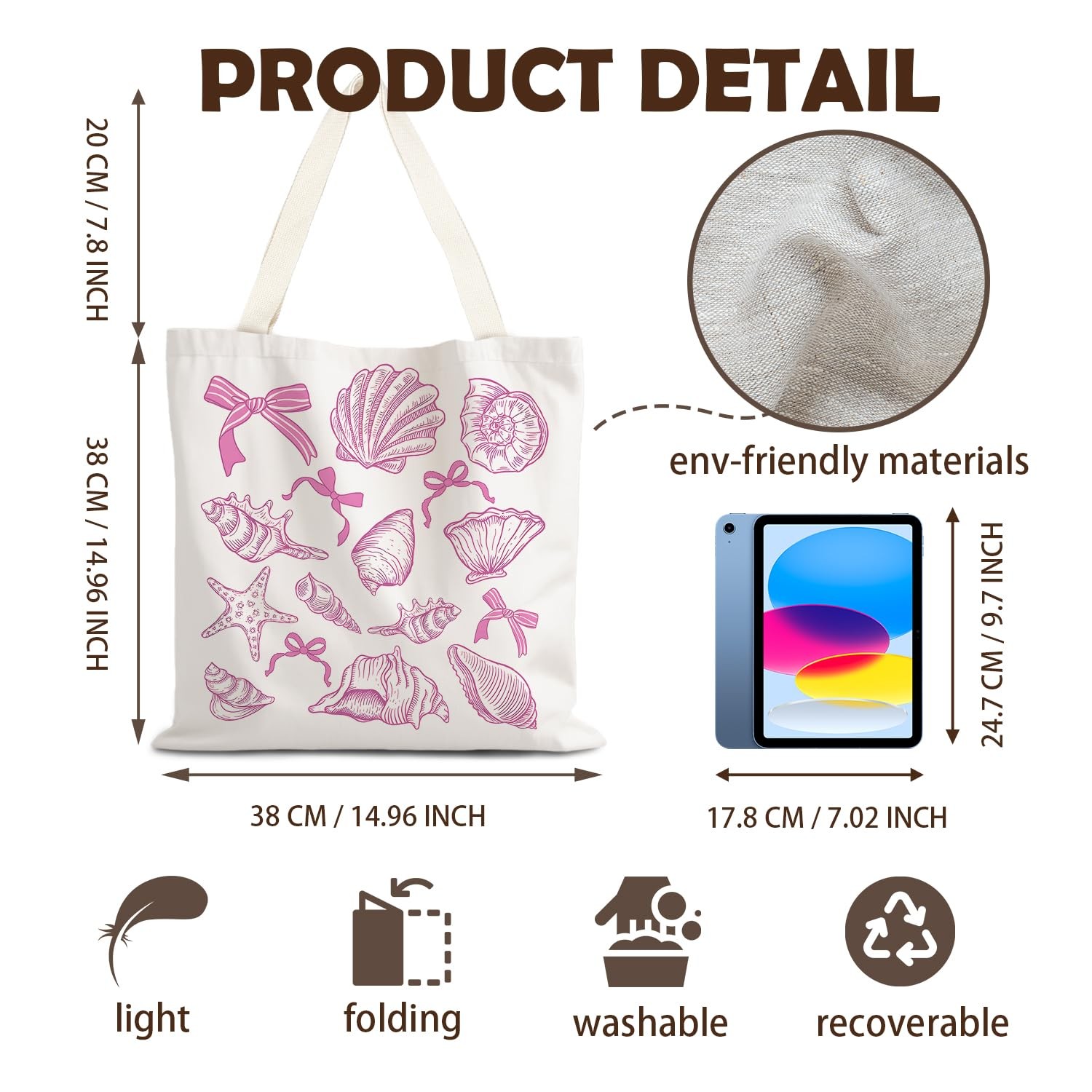 Coquette Pink Bow Seashell Tote Bag, Summer Beach Coastal Canvas Tote Bags fo…