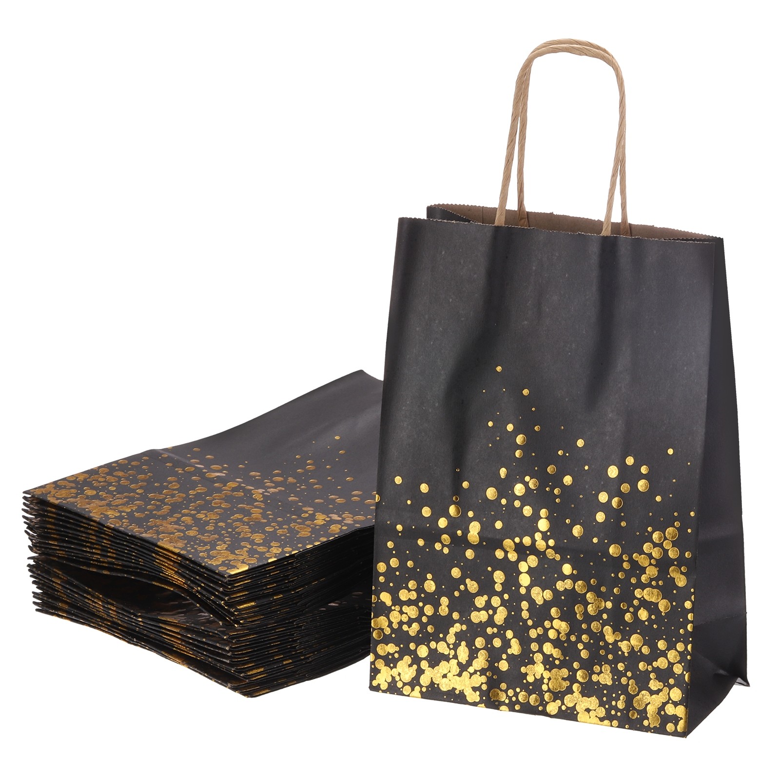 24Pcs Kraft Gift Bags with Handles Bulk, Black Gold Dot Party Favor Bags