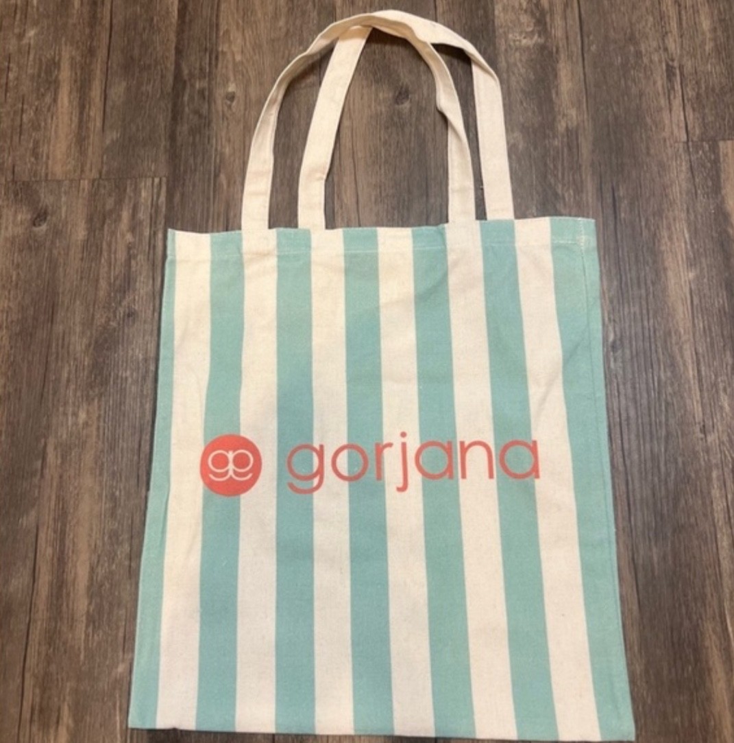 NEW! GORJANA Green Beige Stripe Canvas Logo Reusable Shopping Tote Bag FREE SHIP