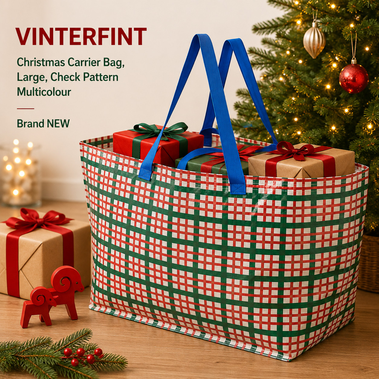 IKEA VINTERFINT Christmas Carrier Bag, Large, Check Pattern Multicolour NEW