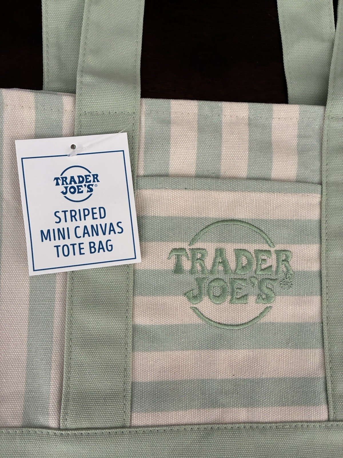 TRADER JOES ~ 4 MINI CANVAS STRIPED LIGHT GREEN, PINK, BLUE & TAN TOTE BAGS ~NEW