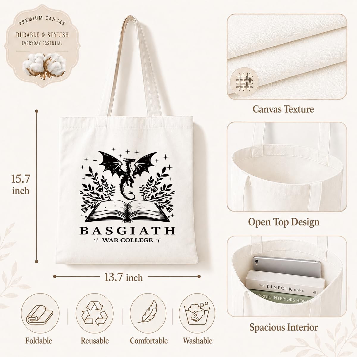 Funny Canvas Tote Bag, Basgiath War College Tote Bag, Casual Canvas Totes for…