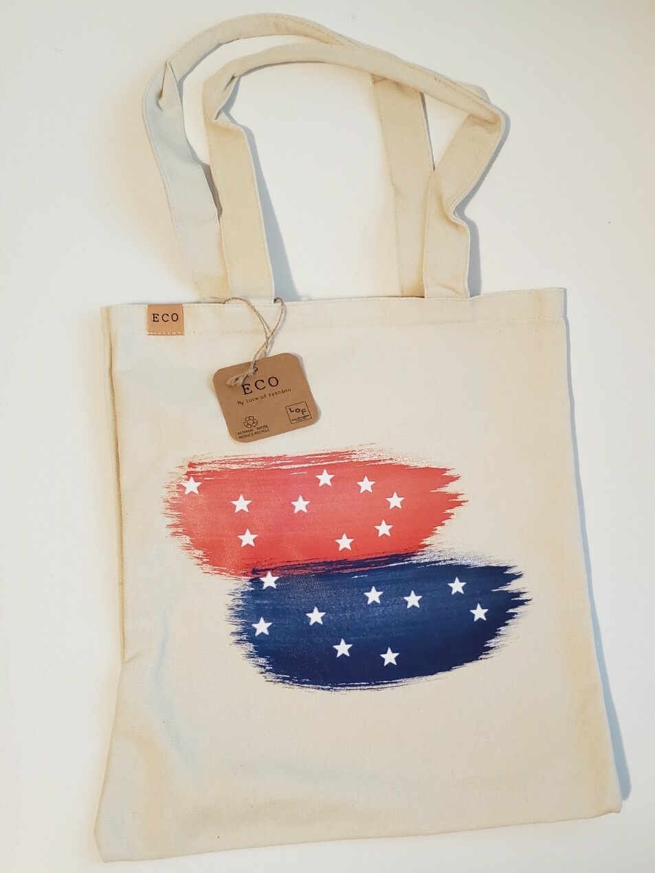 ECO Canvas Tote Bag Travel Grocery Shopping White Stars Blue/Red Stripes NWT