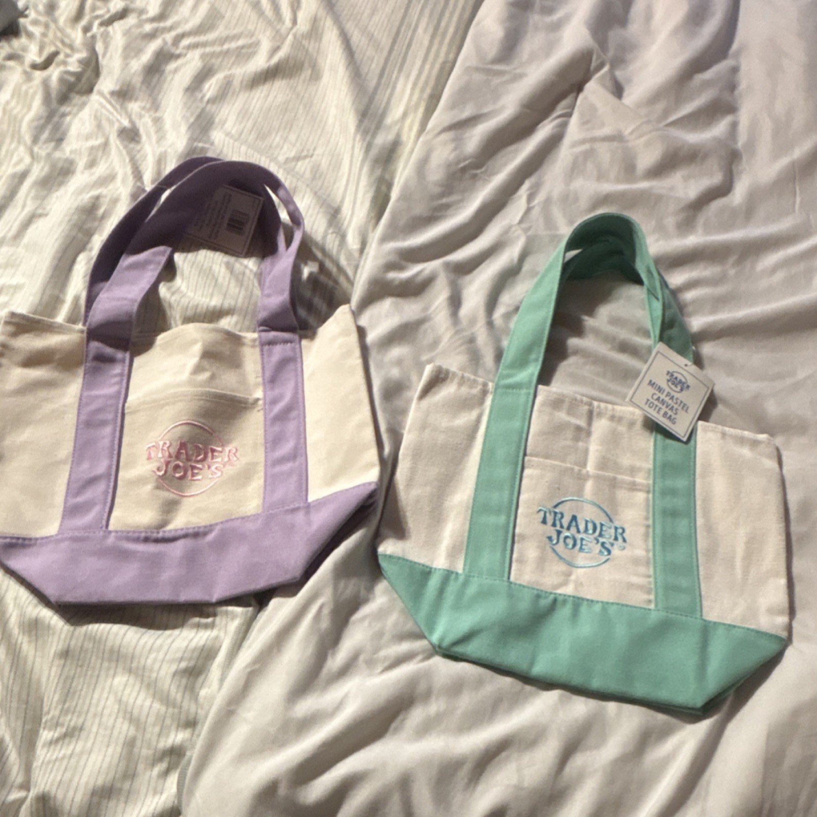 Trader Joe’s Canvas Foldable Tote Bags, Purple & Green, Small, Set of 2