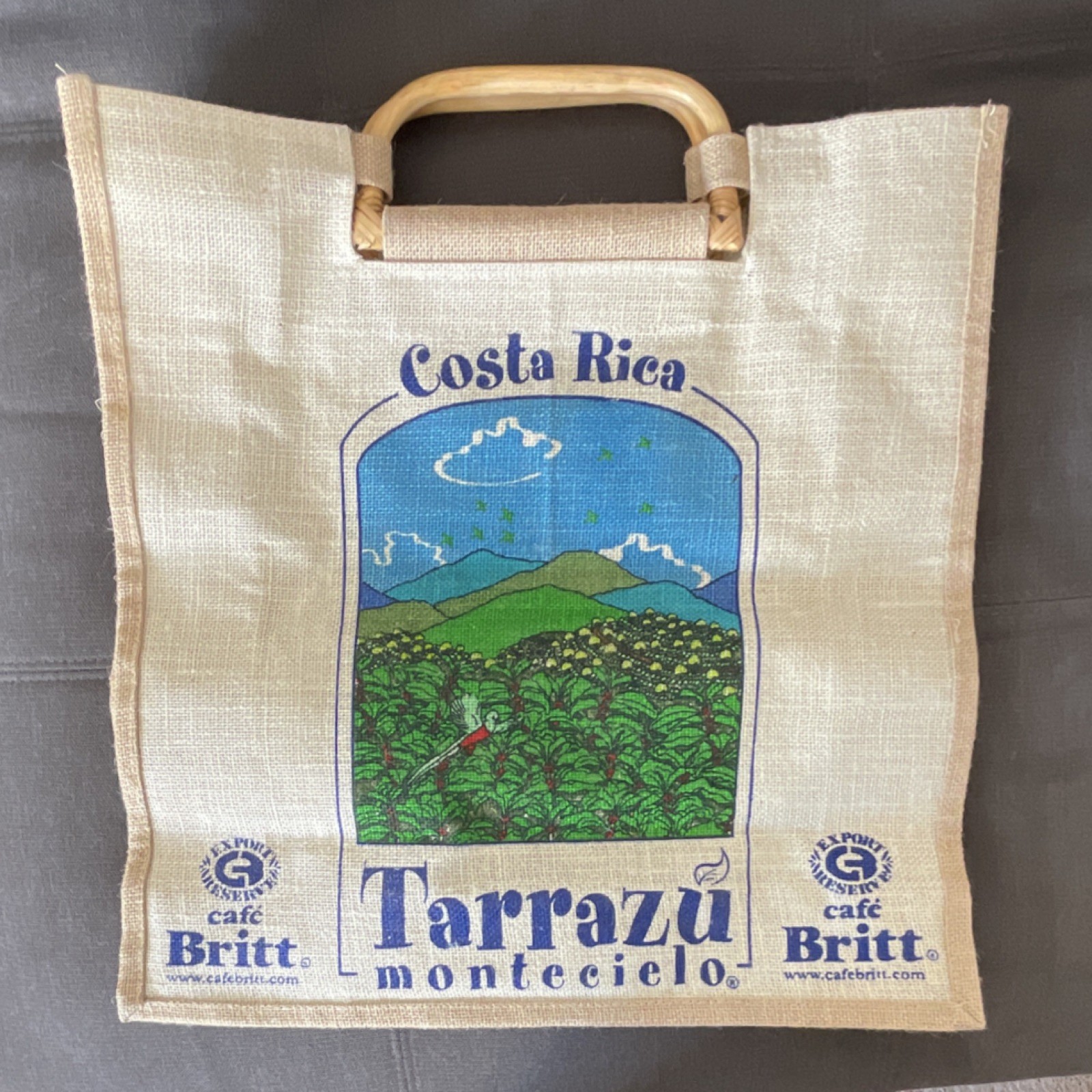 Costa Rica café Britt Tarrazú Montecielo 17X18x6 Reusable Burlap Shopping Bag
