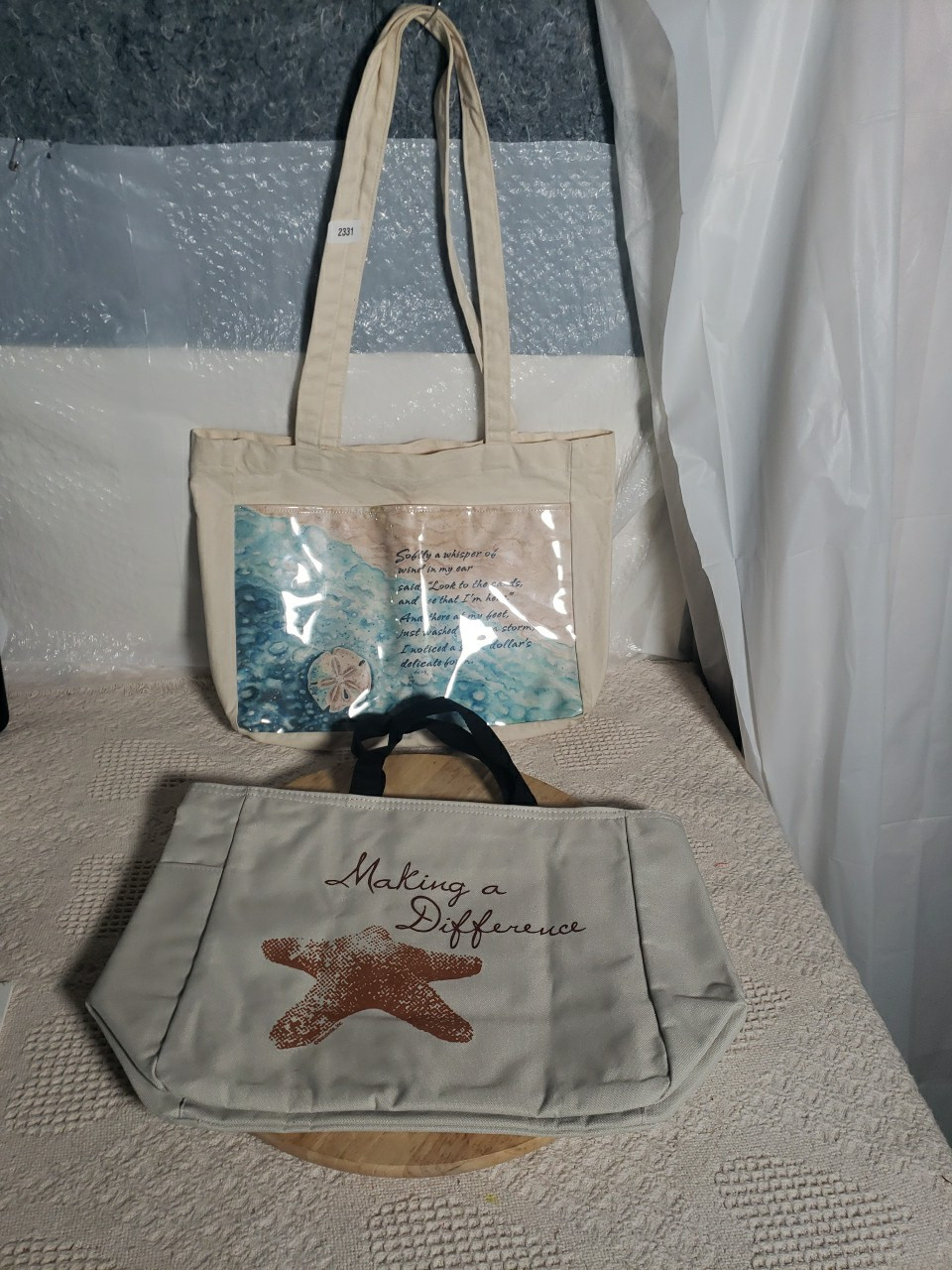 Reusable Tote Shopping Bags Lot Of Two Various Sizes Beige Double Handles