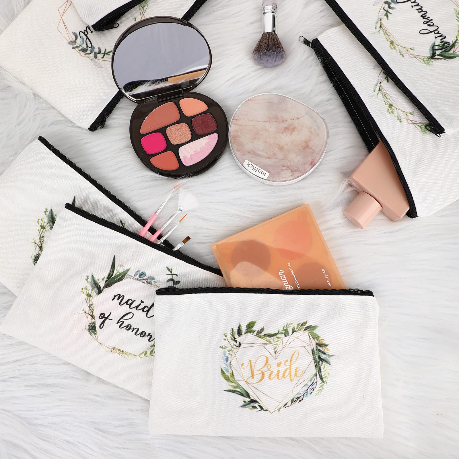 8 Pcs Bridesmaid Makeup Bag Matron of Honor Gifts Bridal Leaves Pattern