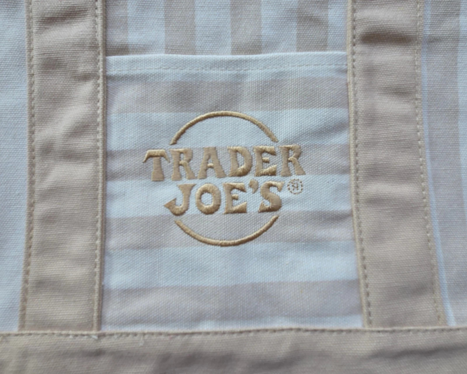 Trader Joe’s MINI Canvas Reusable Bag, w/ Off White or Tan, LIGHT BROWN STRIPES