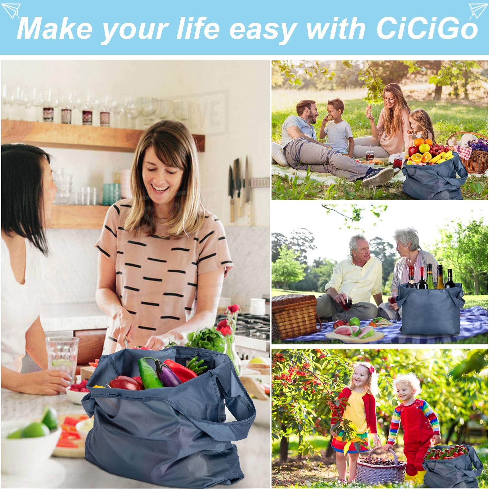 CiCiGo Large Reusable Bags Shopping Washable Foldable 6 Pack Large, Gray