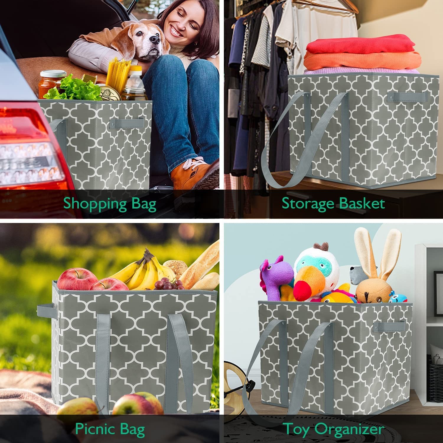 4 PCS Reusable Grocery Bags Foldable Washable Storage Bin Basket Utility Grey