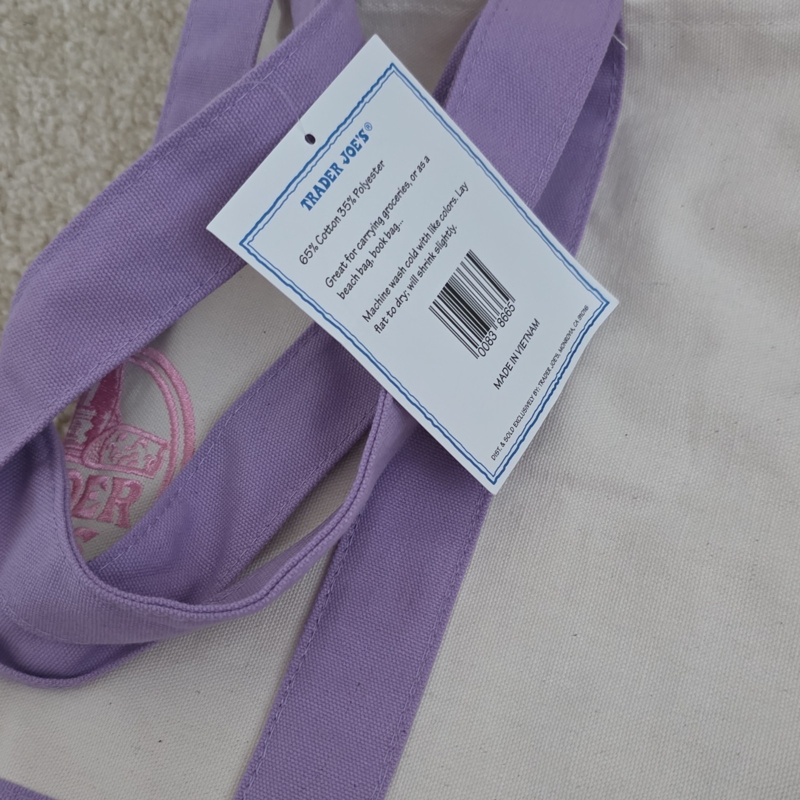 Trader Joe’s Cotton Tote Bag Purple Beige Pink Foldable Machine Washable 20x14x6