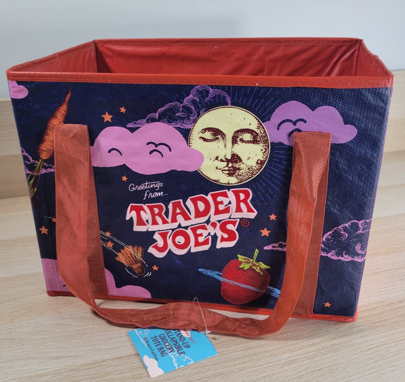 Trader Joes Stand Up Collapsible Reusable Grocery Tote Shopping Bag Moon NEW