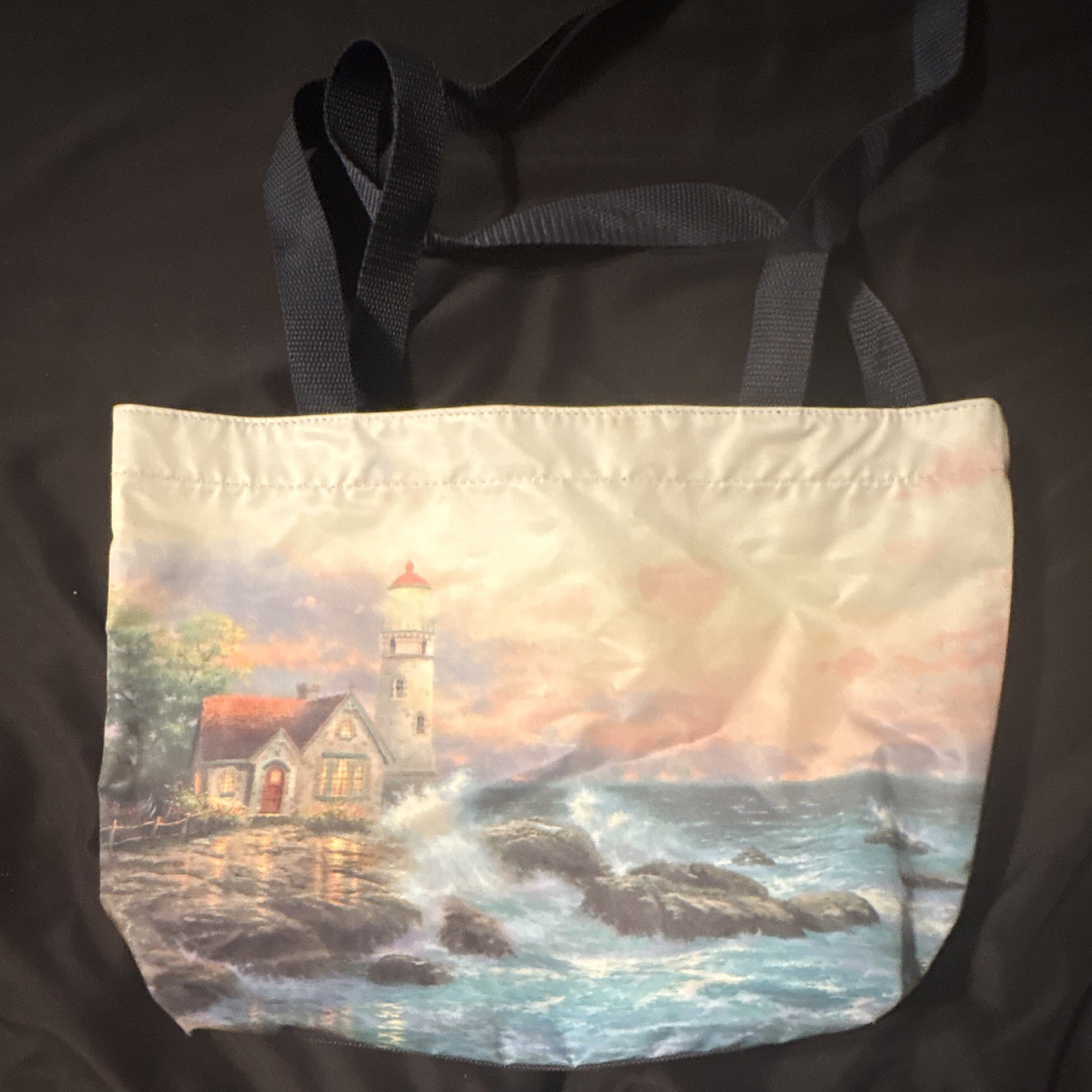 Reusable Canvas Tote Bag Scenic Lighthouse Ocean Print Multicolor/Black 13×14