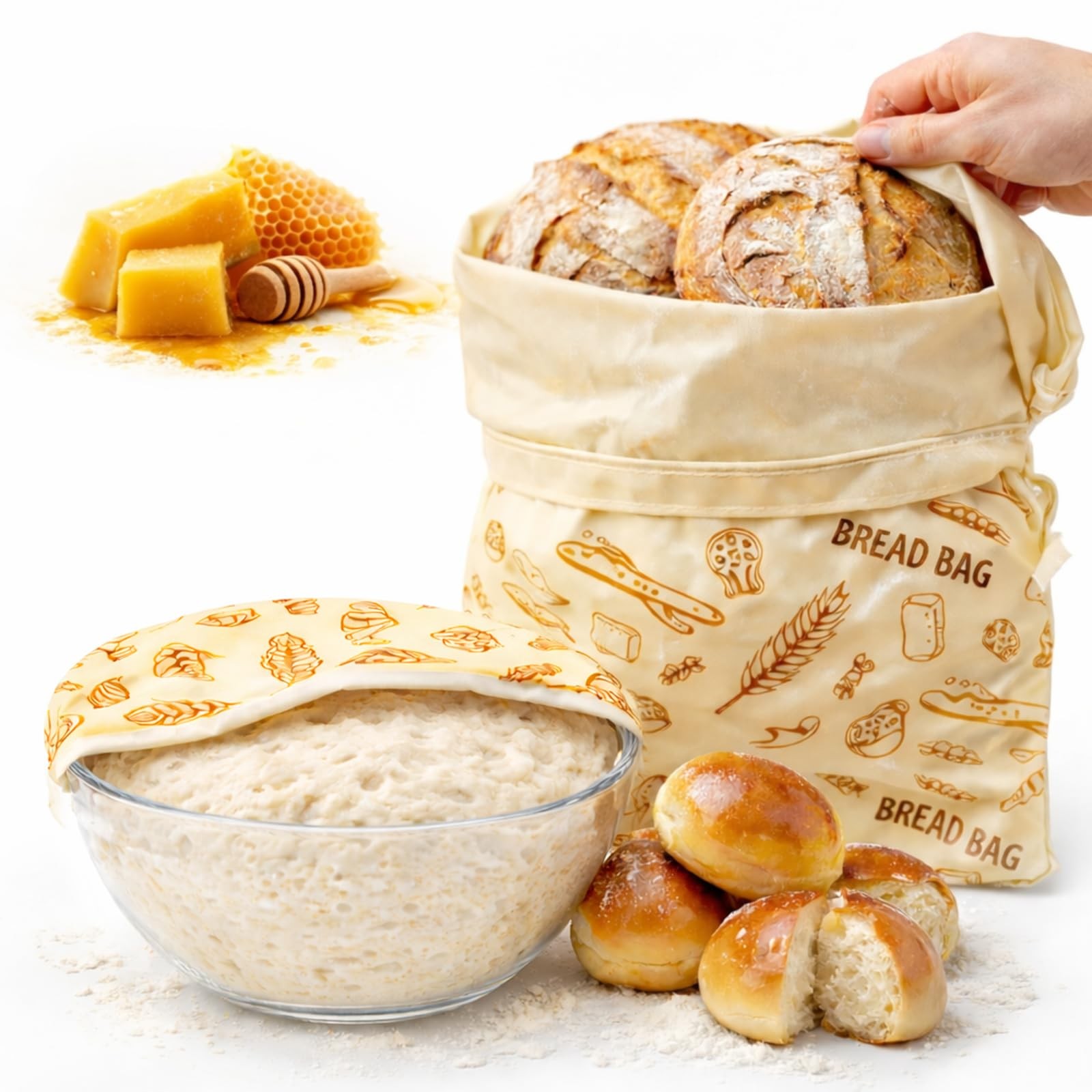 Cotton Beeswax Bread Bags for 17″L x 13″W x 0.2″H+9 x 9 x 0″IN, Beige