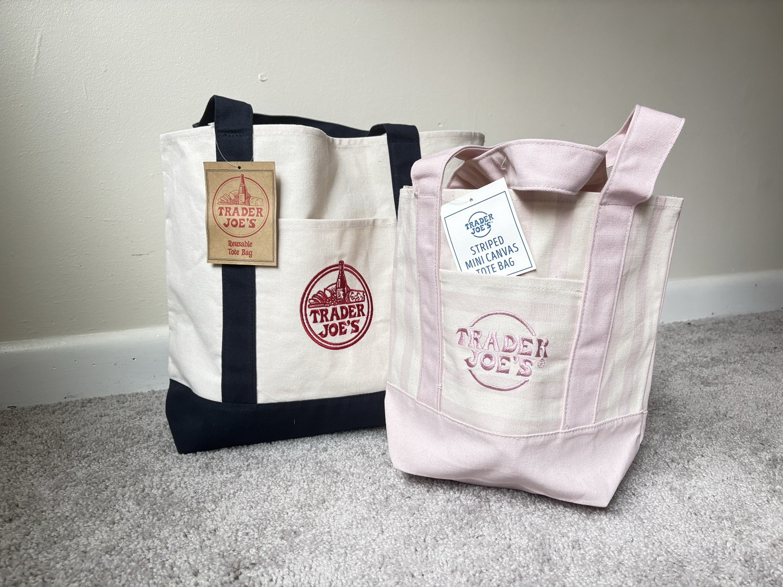 💖 2 Pack Most Sold NEW Trader Joe’s Canvas Navy Blue/Stripe Pink MustHave Tote