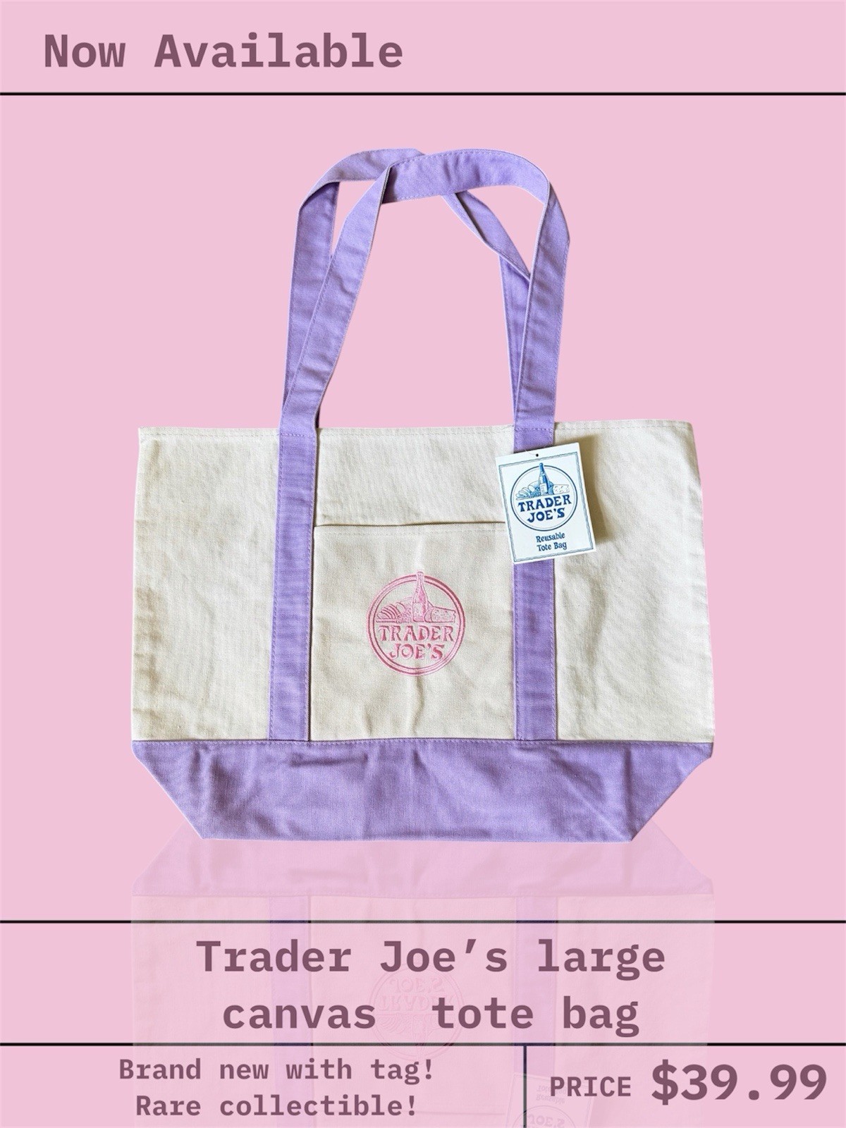 Trader Joe’s Lavander Large Canvas Tote Bag Brand New With Tag Rare Collectible