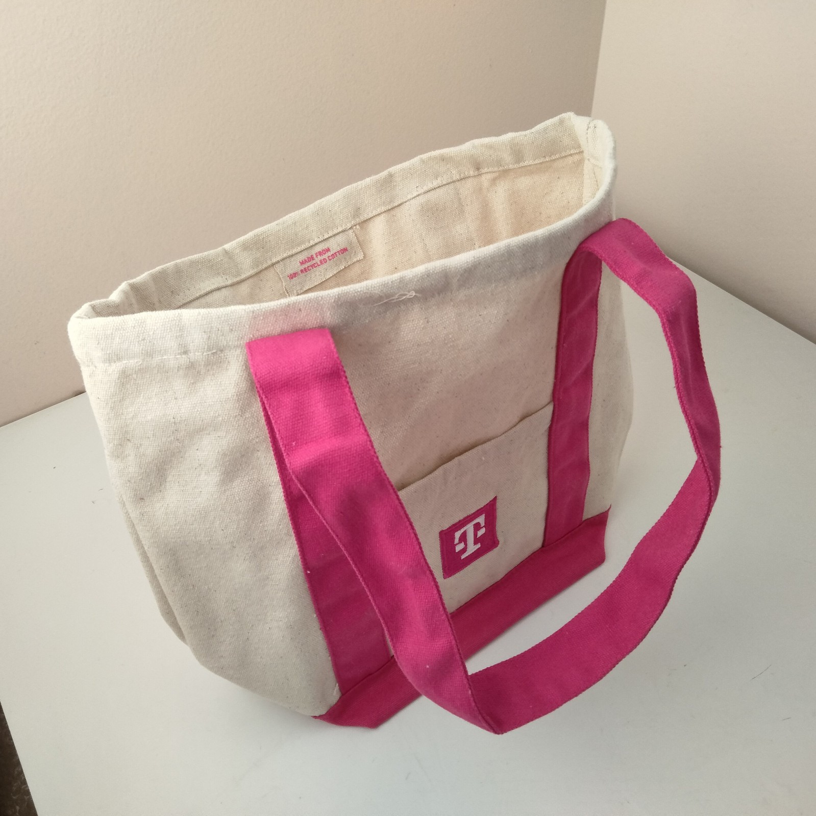 Tote Carry Bag, T-Mobile® Branded Swag, Off-White w/ Magenta Straps, 100% Cotton
