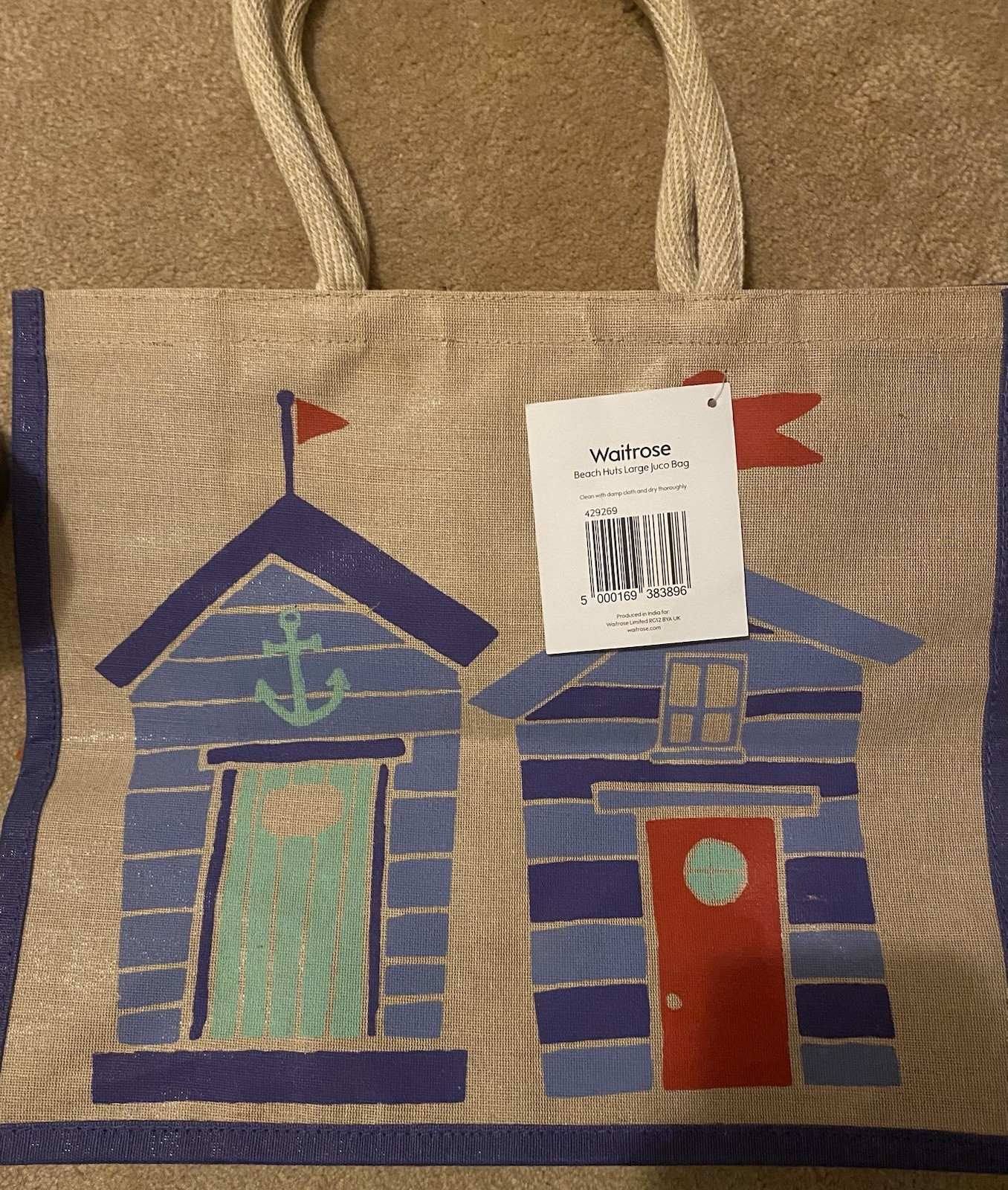 New Wth Tags Waitrose Beach Huts Large Juco Tote Shopping Bag-Tan/Blue/Red-