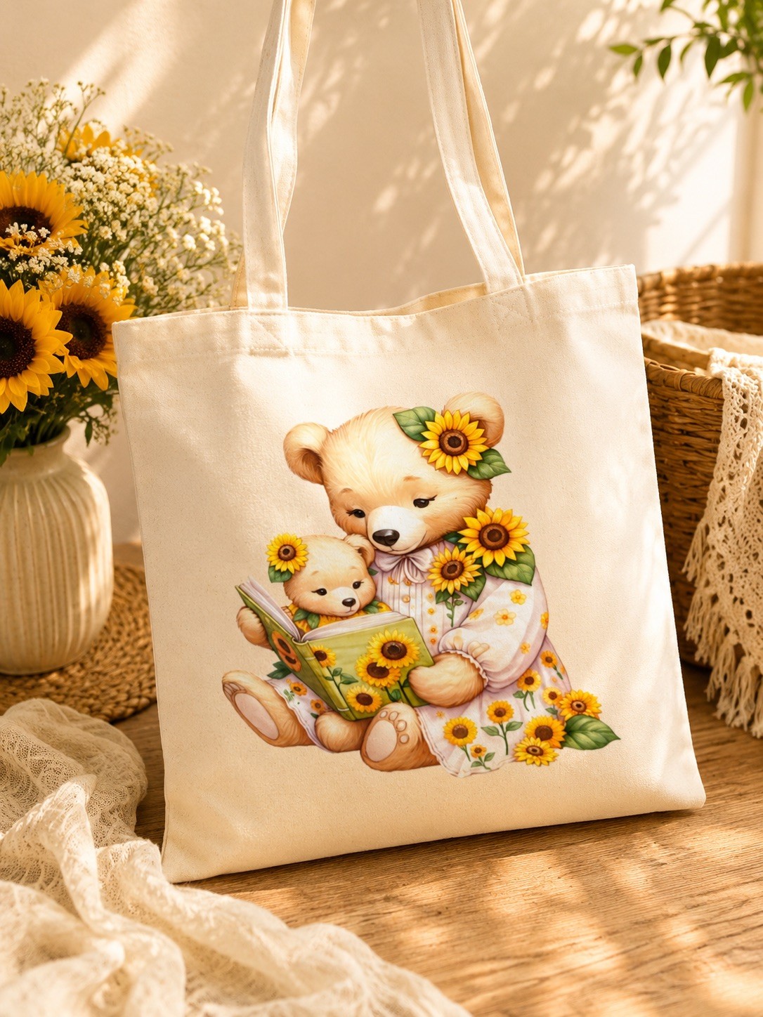 Cute Sunflower Bear Tote Bag | 100% Cotton Canvas Bag