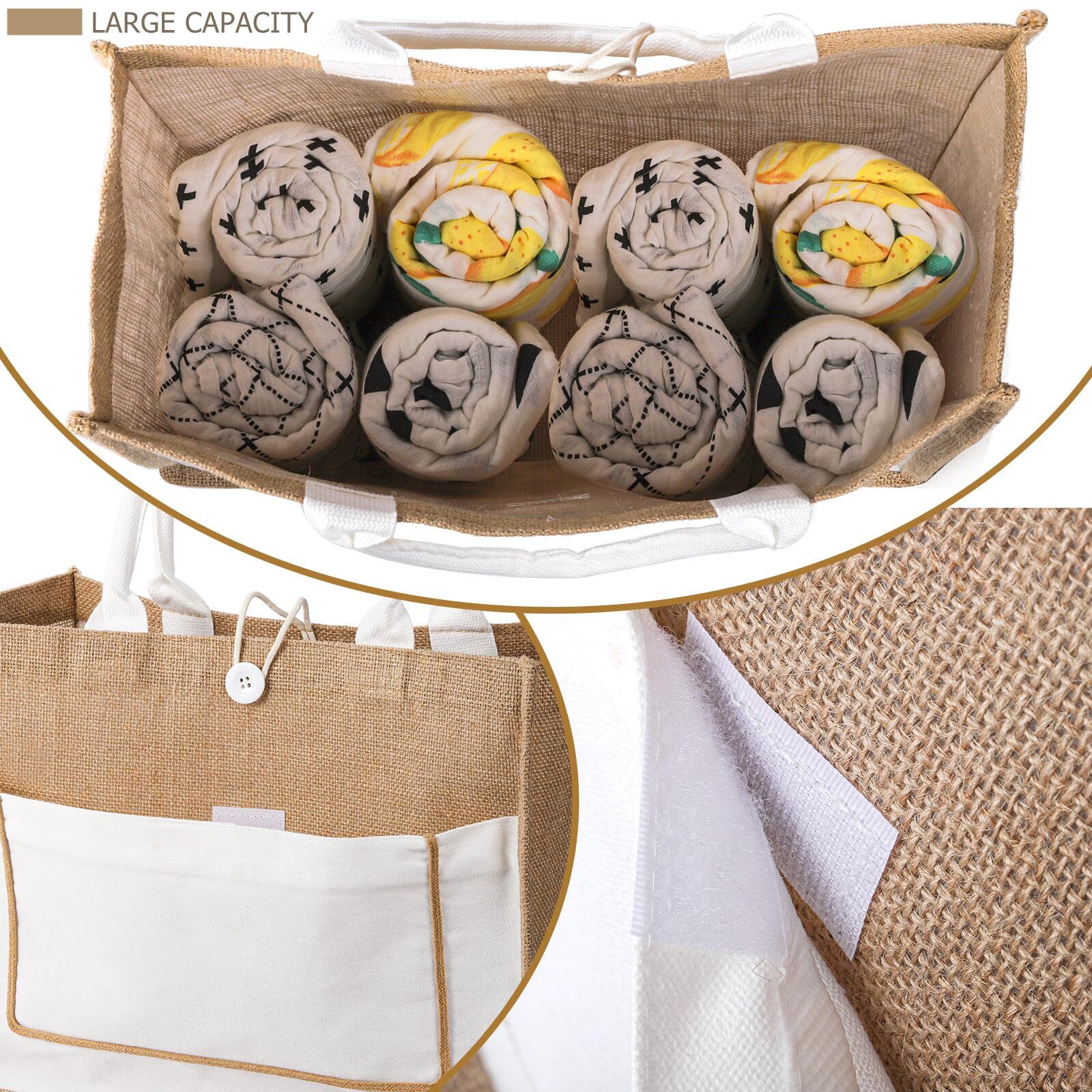 6 Pack Jute Tote Bags, 16.5″x 13″x 7″ Large Burlap Tote Bag with Handles, Bea…