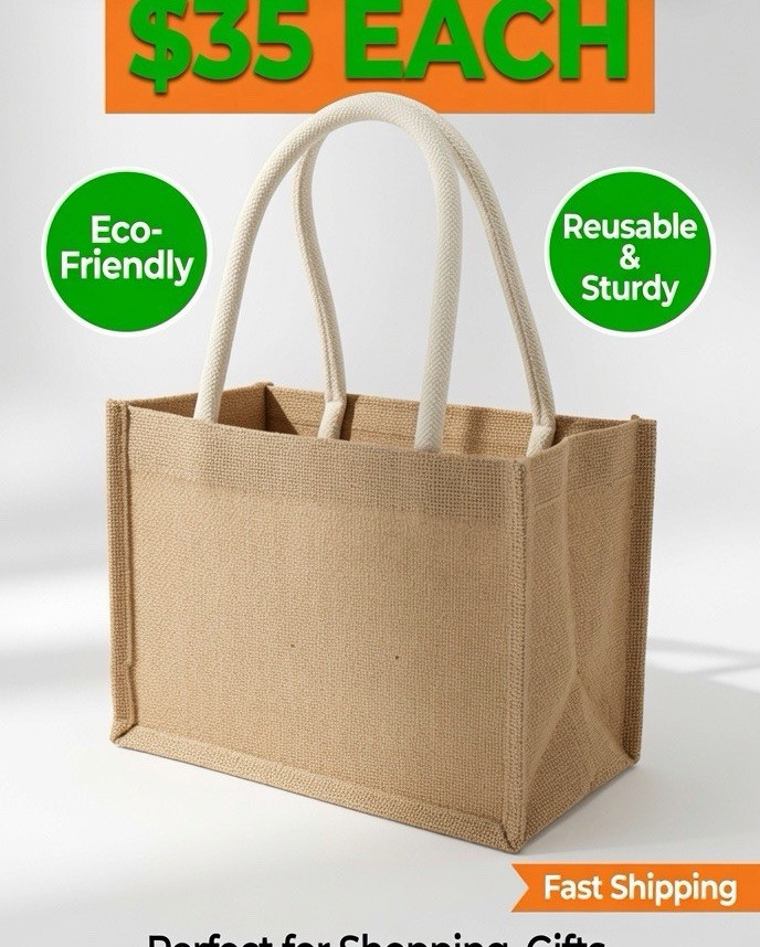 Burlap Jute Tote Bag Small 14x10x8 Beige Solid Eco-Friendly Reusable