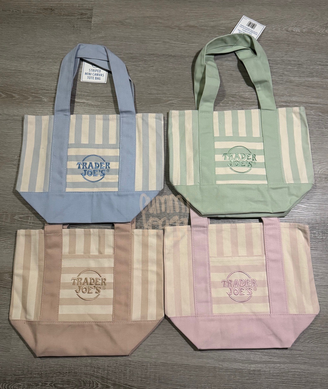NWT Trader Joe’s Mini Striped Pastel Tote Bags Lot Of 4 Pink Beige Blue Green