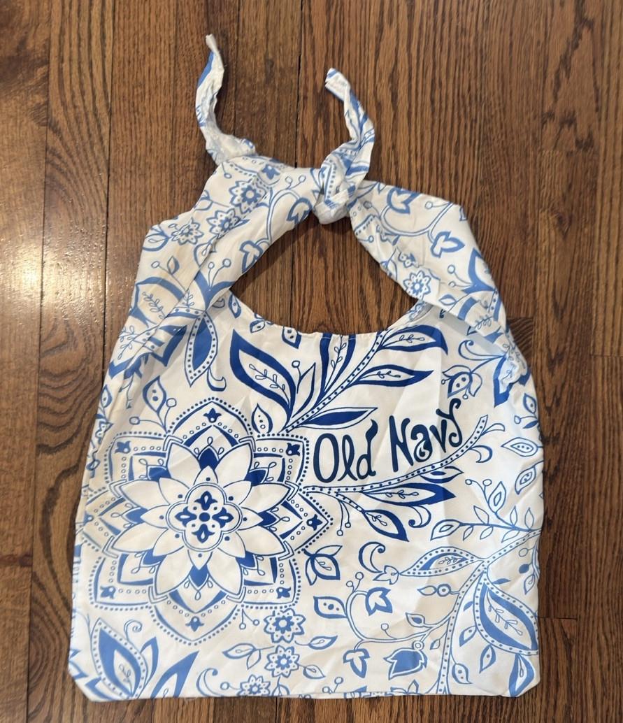 Old Navy Reusable Shopping Tote Blue and White Floral with Tie Top