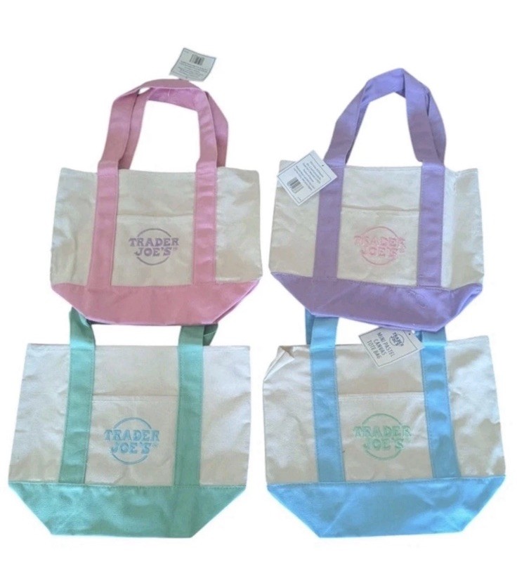 Trader Joe’s Mini Canvas Tote Bag Pastel Pink Green Blue Lavender 4 Set 🛍️💜