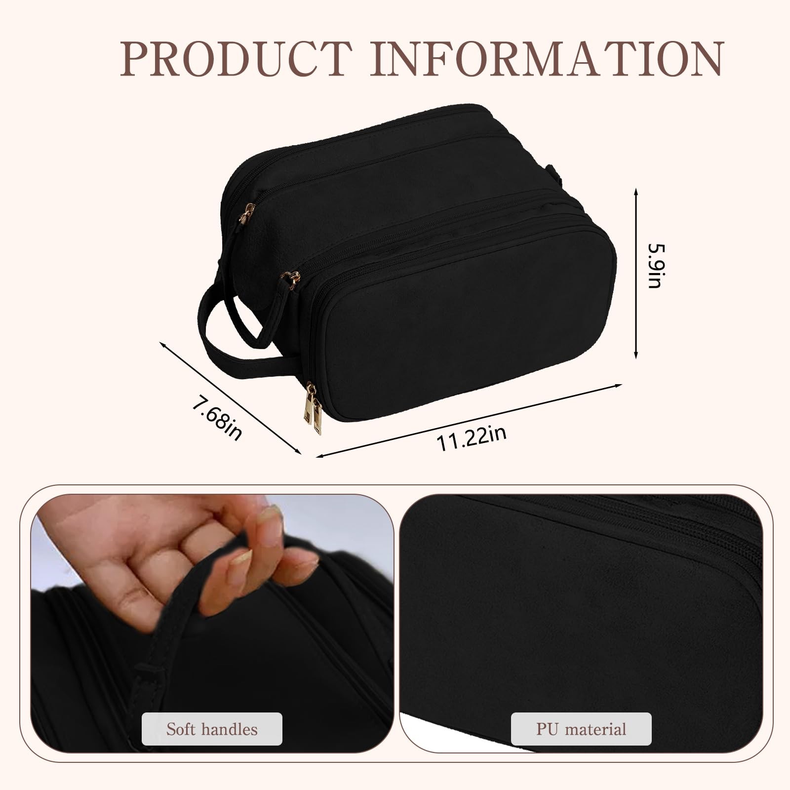 Cozomga 3 Tier Large Capacity Cosmetic Makeup Bag with Double Zipper Black