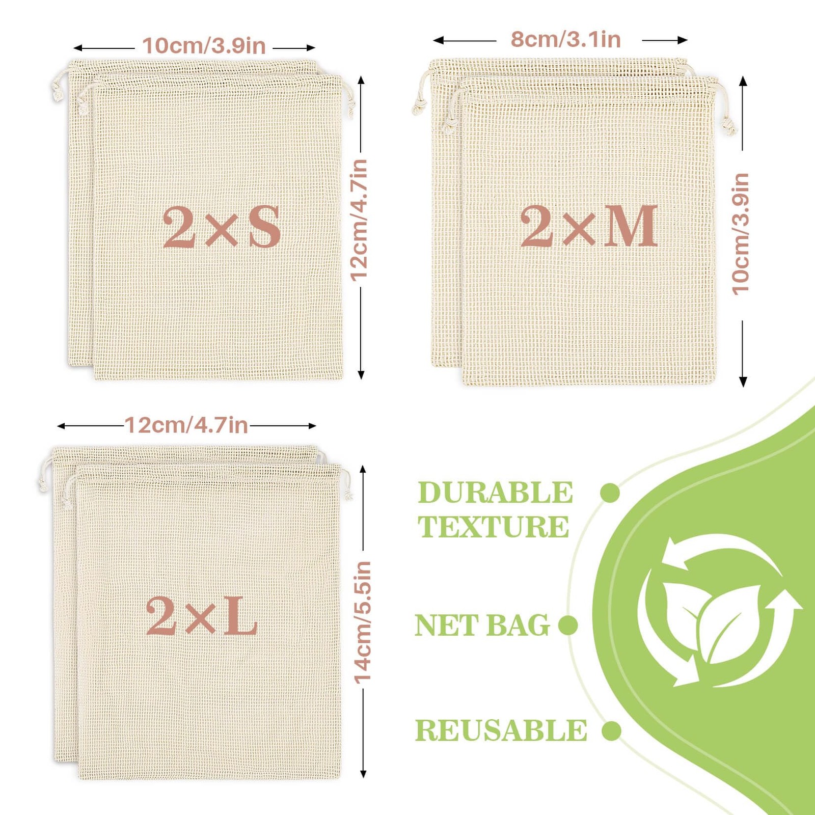 MAQIHAN 6 Pack Reusable Produce Bags Cotton Mesh 8*10,10*12，12*14, Off White