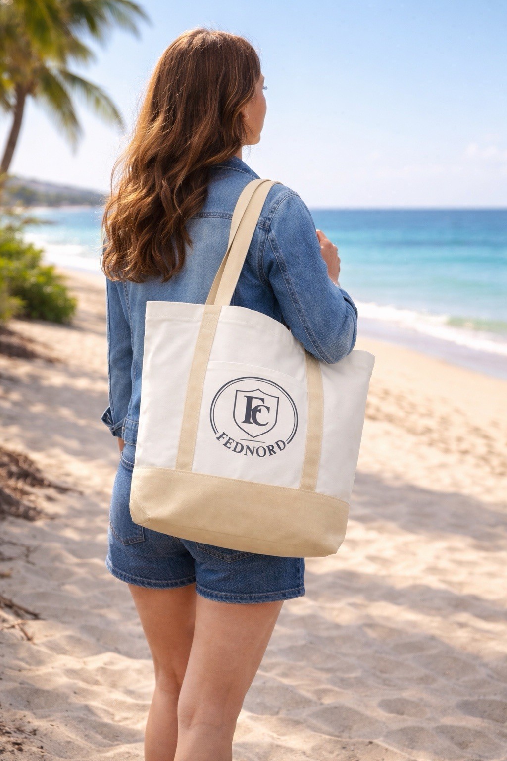 FEDNORD Large Beige/Purple Logo Canvas Reusable Shopping Tote Bag 15in