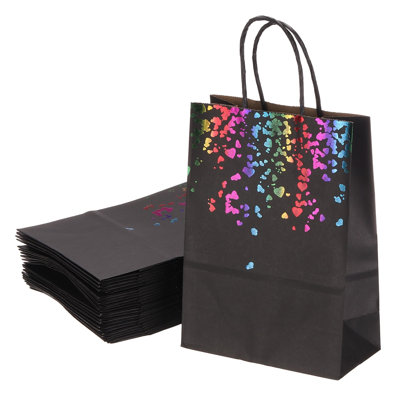 24Pcs Kraft Gift Bags with Handles Bulk, Black Multicolor Heart Party Favor Bags
