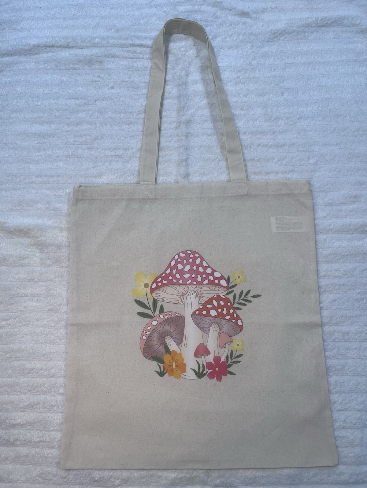 Beige Multicolor Cotton Canvas Tote Bag Floral Mushroom Print Medium 16x15x16
