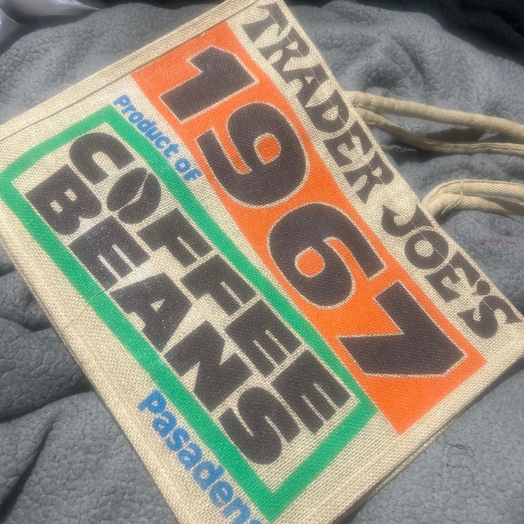 NEW Trader Joe’s COFFEE BEANS JUTE BURLAP REUSABLE TOTE CARRY BAGS 1967 PASADENA
