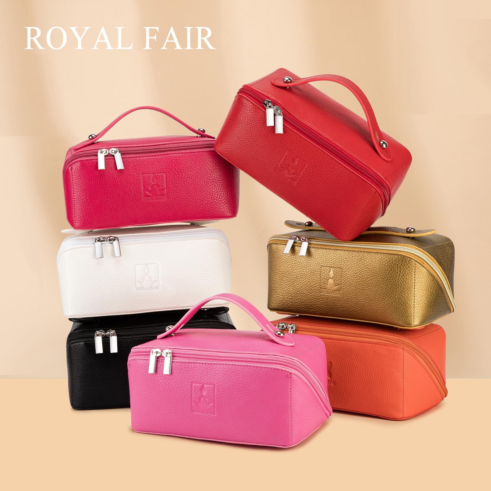 ROYALFAIR Travel Makeup Bag,Large Capacity Cosmetic Bags for Women, PU Black