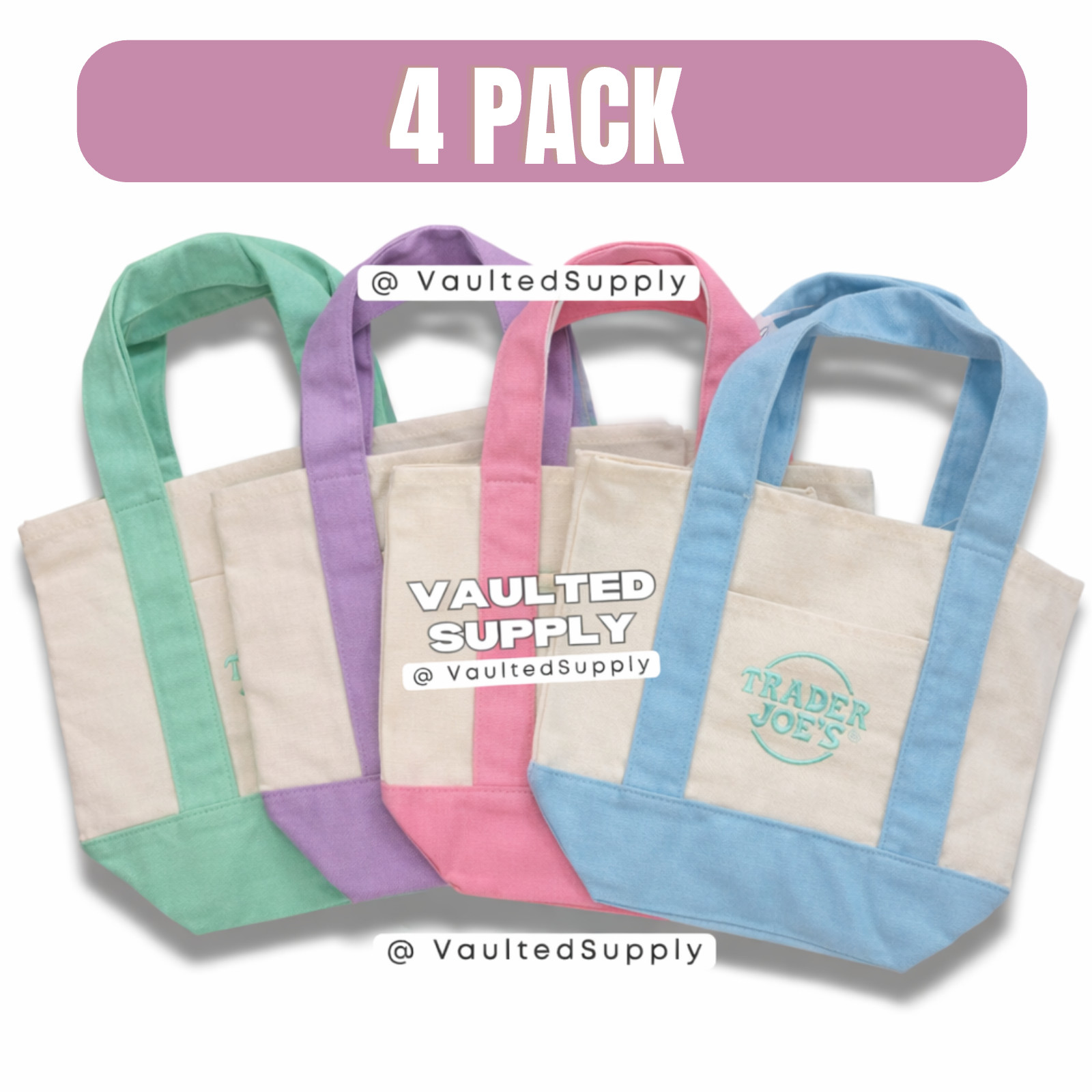 Trader Joe’s Mini Spring Pastel Canvas Tote Bags 4 Pack Reusable Gift Tote