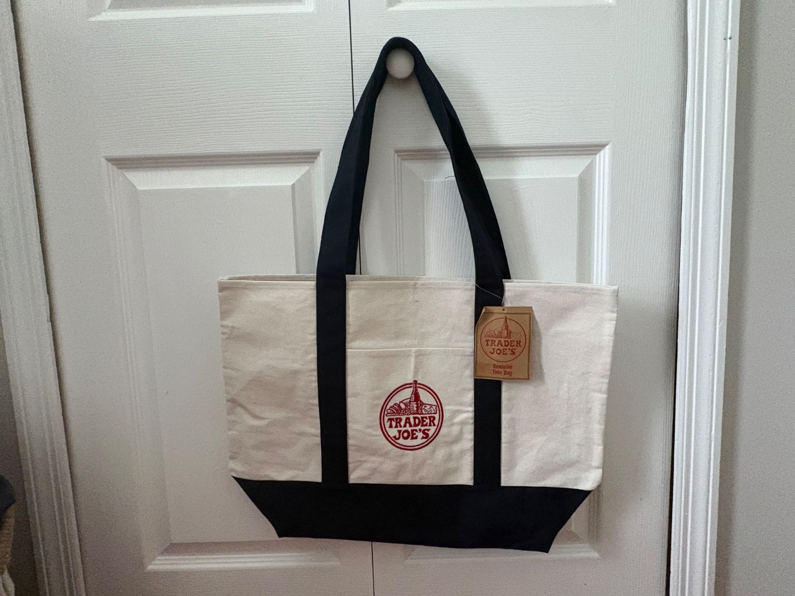 Trader Joe’s Large Reusable Shopping Tote Bag Beige/Black/Red Logo 13x7x11.5