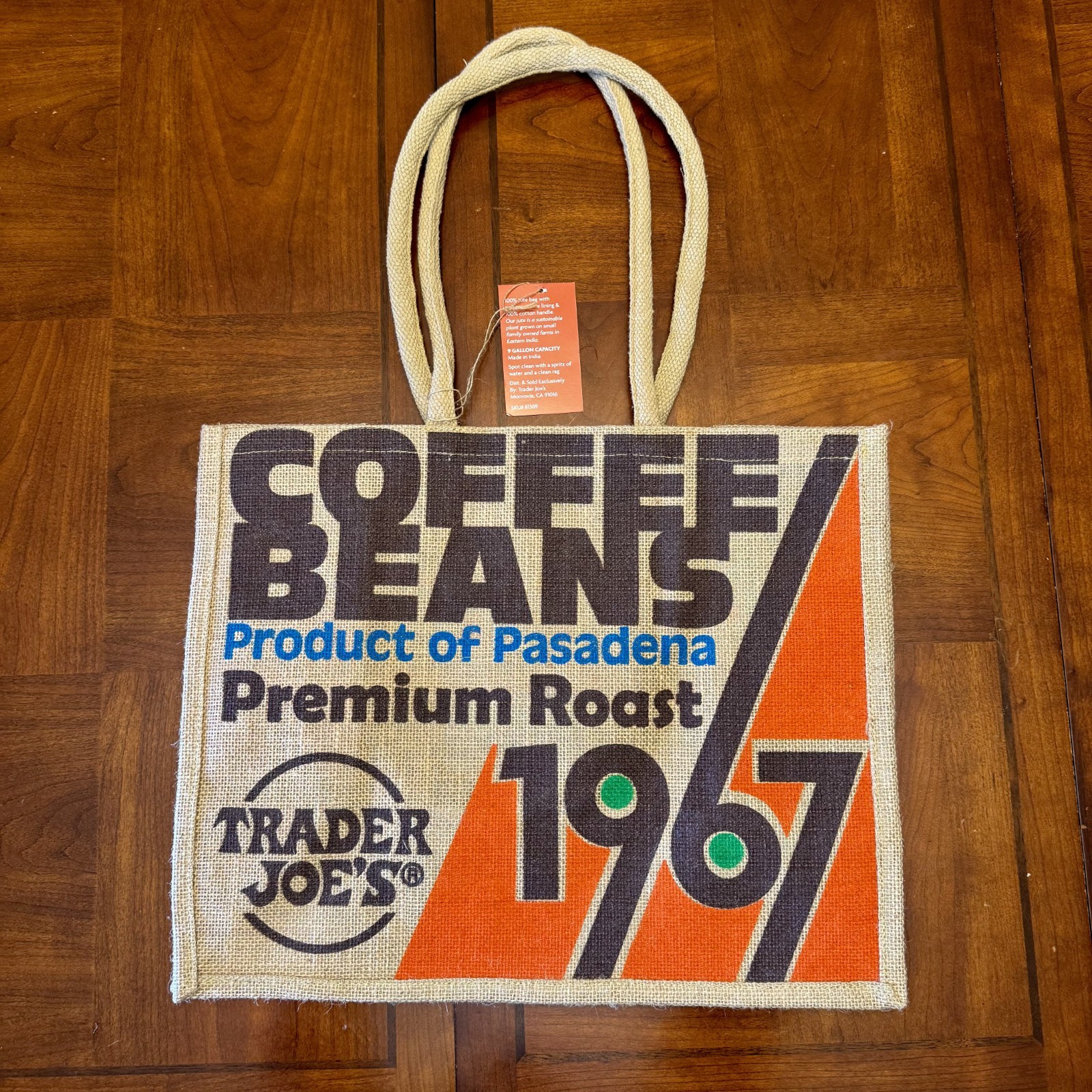NEW Trader Joe’s COFFEE BEANS JUTE BURLAP REUSABLE TOTE CARRY BAGS 1967 PASADENA