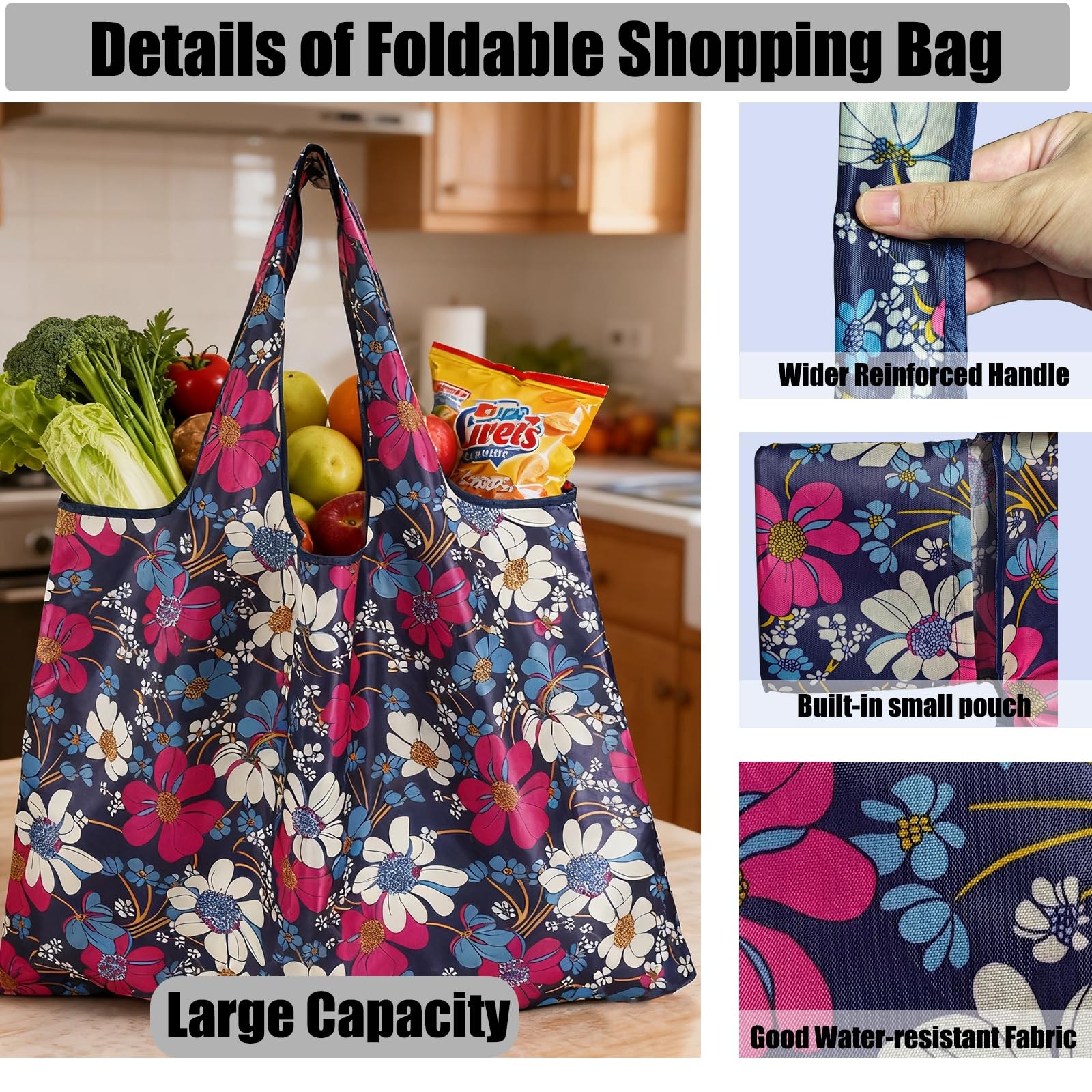 Reusable Shopping Bags 210D Nylon Waterproof Foldable Grocery Tote 5 PCS
