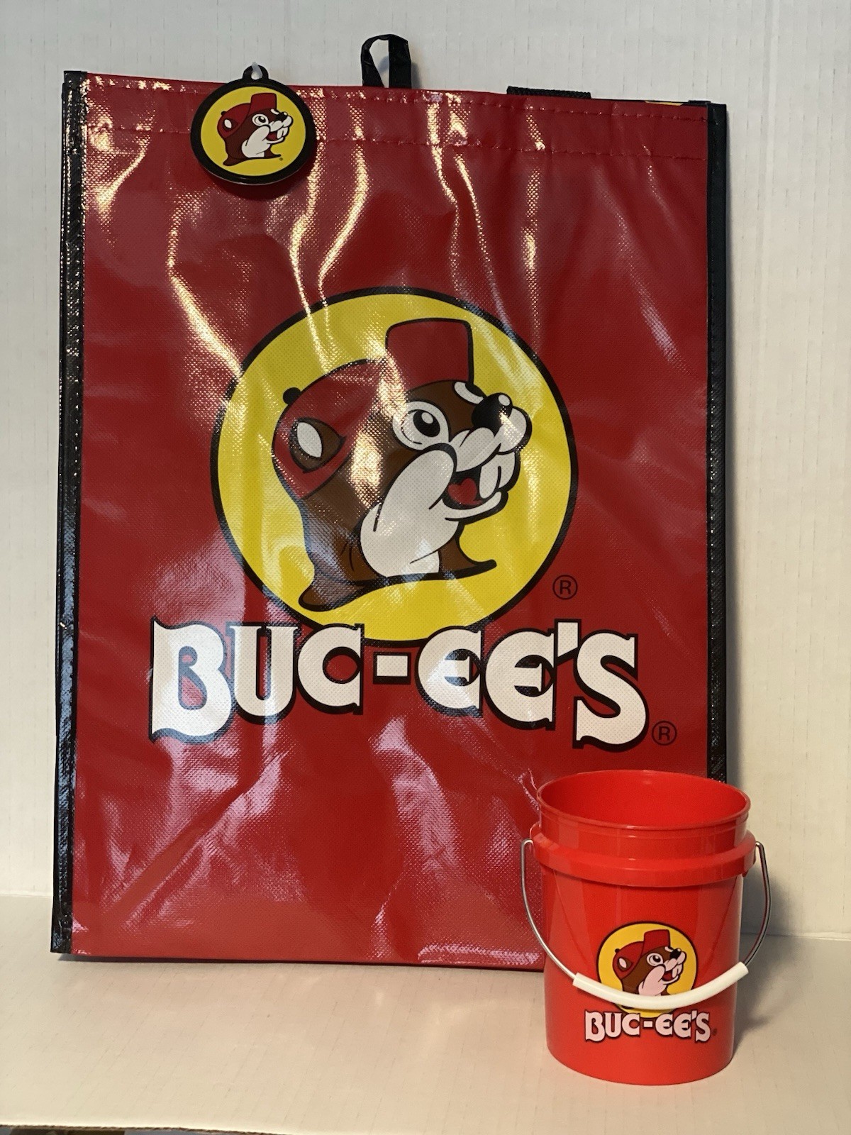 Buc-ee’s Classic Red Tote Bag + Mini Red Beaver Bucket Bundle 16x12x6 Reusable