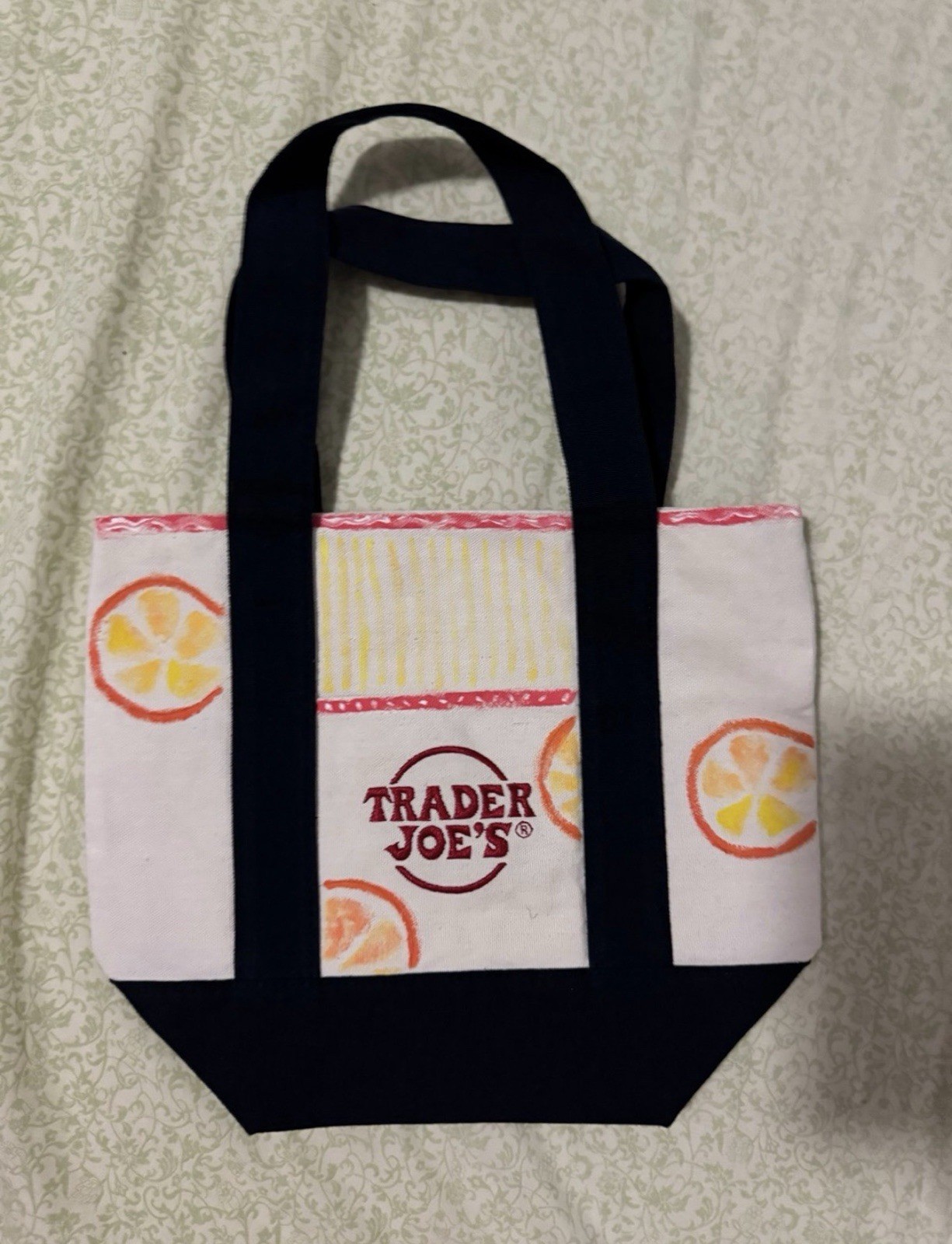 Trader Joe’s Mini Canvas Tote Bag Fruit Pattern White Navy Yellow Red Hand Paint