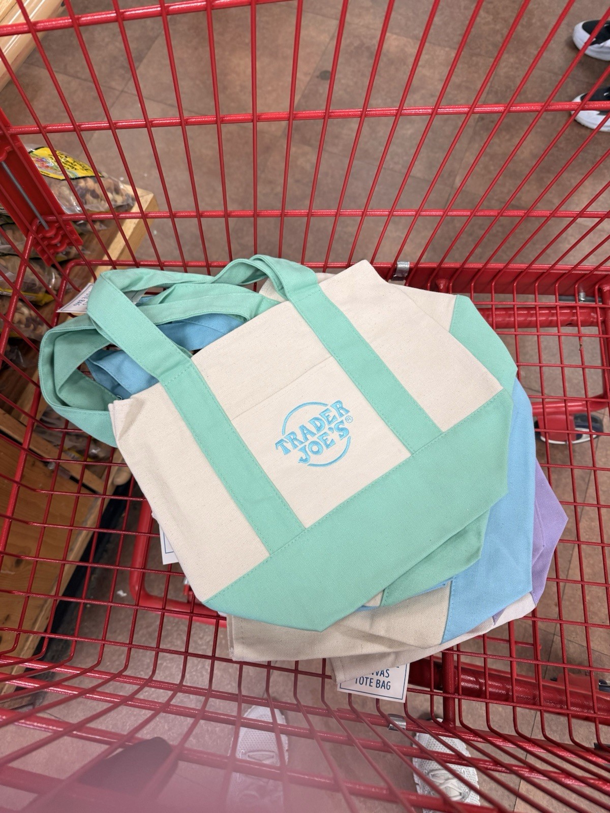Trader Joe’s Canvas Color Block Foldable Tote Bag Green Beige Blue Purple