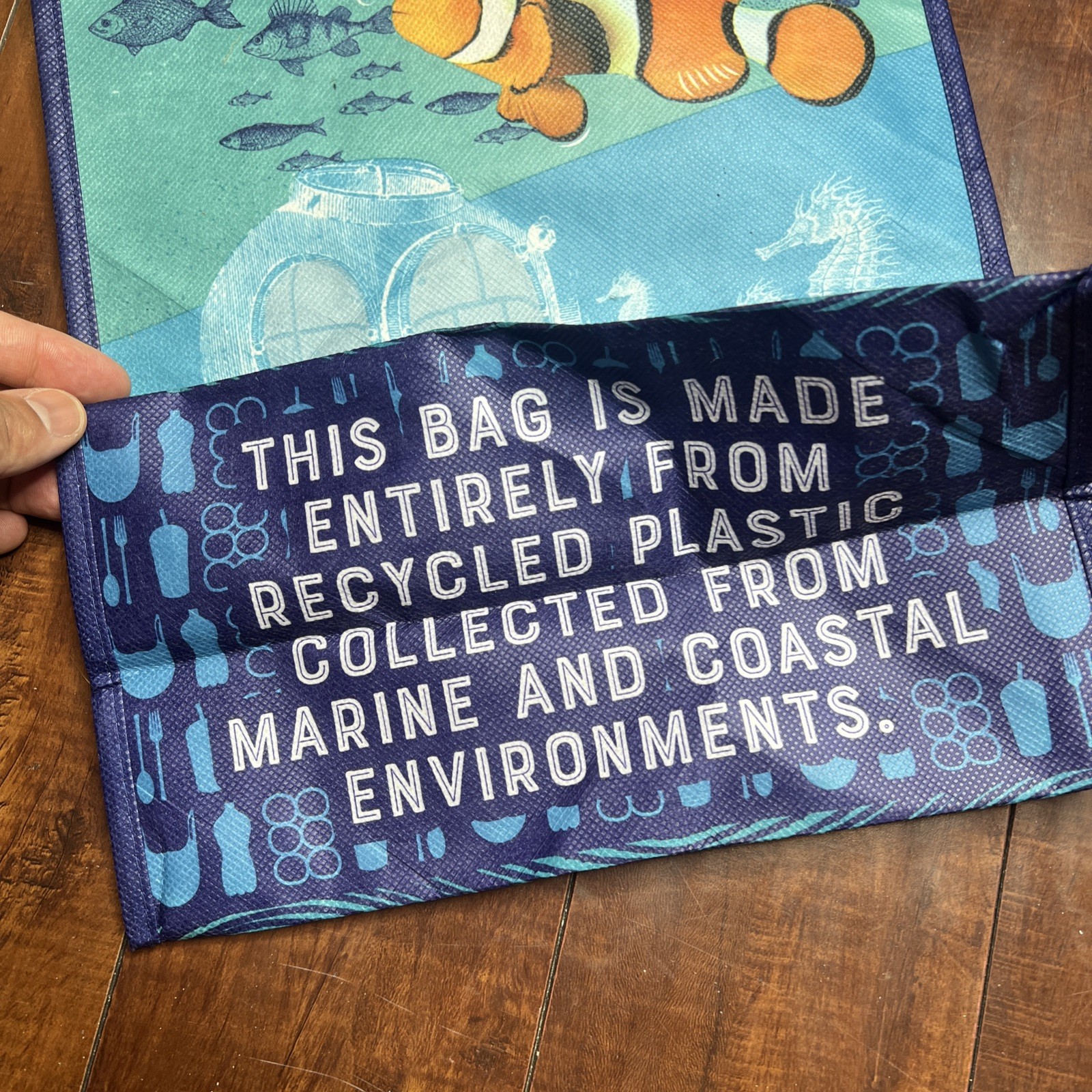 Trader Joe’s Blue Fish Tote Bag Ocean Clownfish Submarine Reusable 100% Recycled