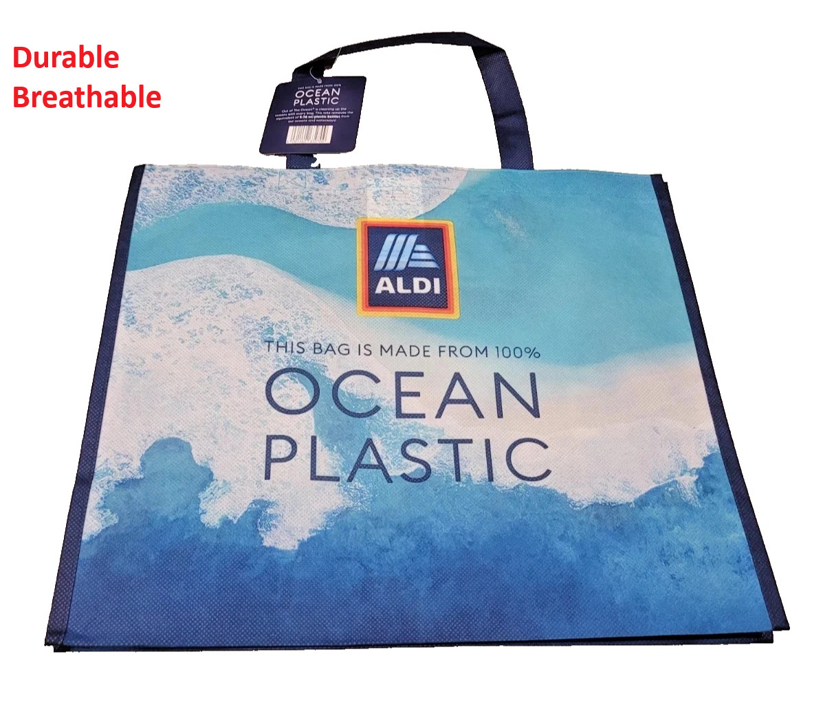 ALDI Reusable Shopping Bag Tote – 100% Ocean Plastic- 16×14“- Blue New Large 1PC