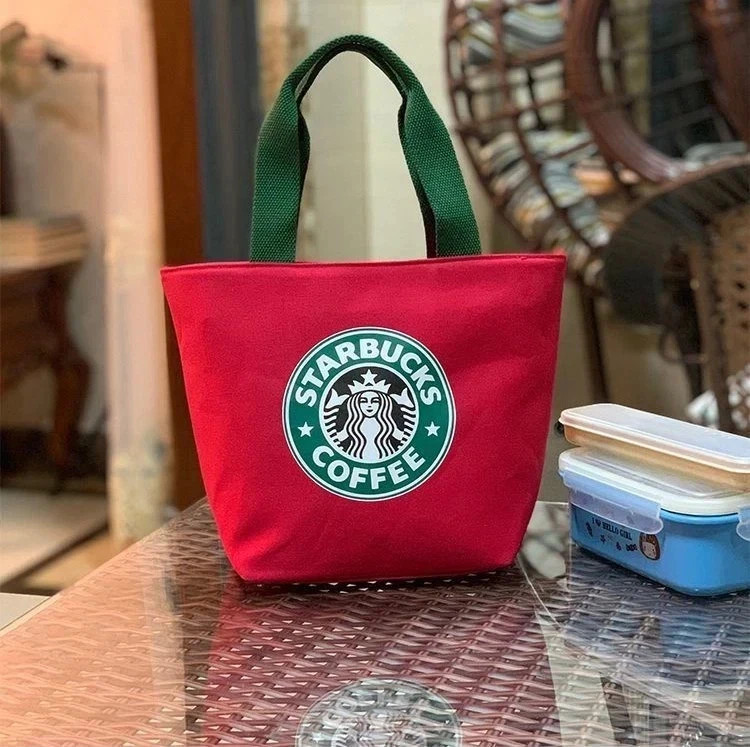 Starbucks Coffee Mini Canvas Tote Bag Portable Zippered Handbag Red