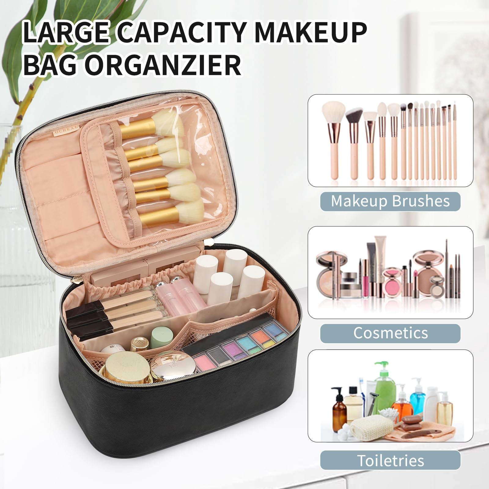 OCHEAL Makeup Bag, Portable Cosmetic Large Capacity Medium, 001_Black