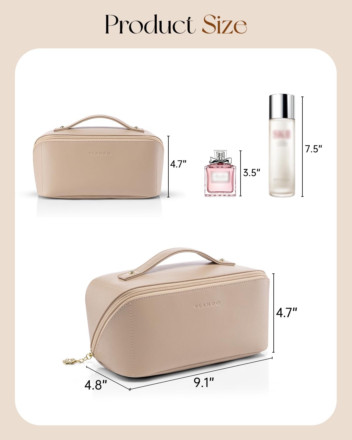 VLANDO Makeup Bag,Travel Toiletry 9.1 x 4.8 x 4.7 inches, 01.Toffee