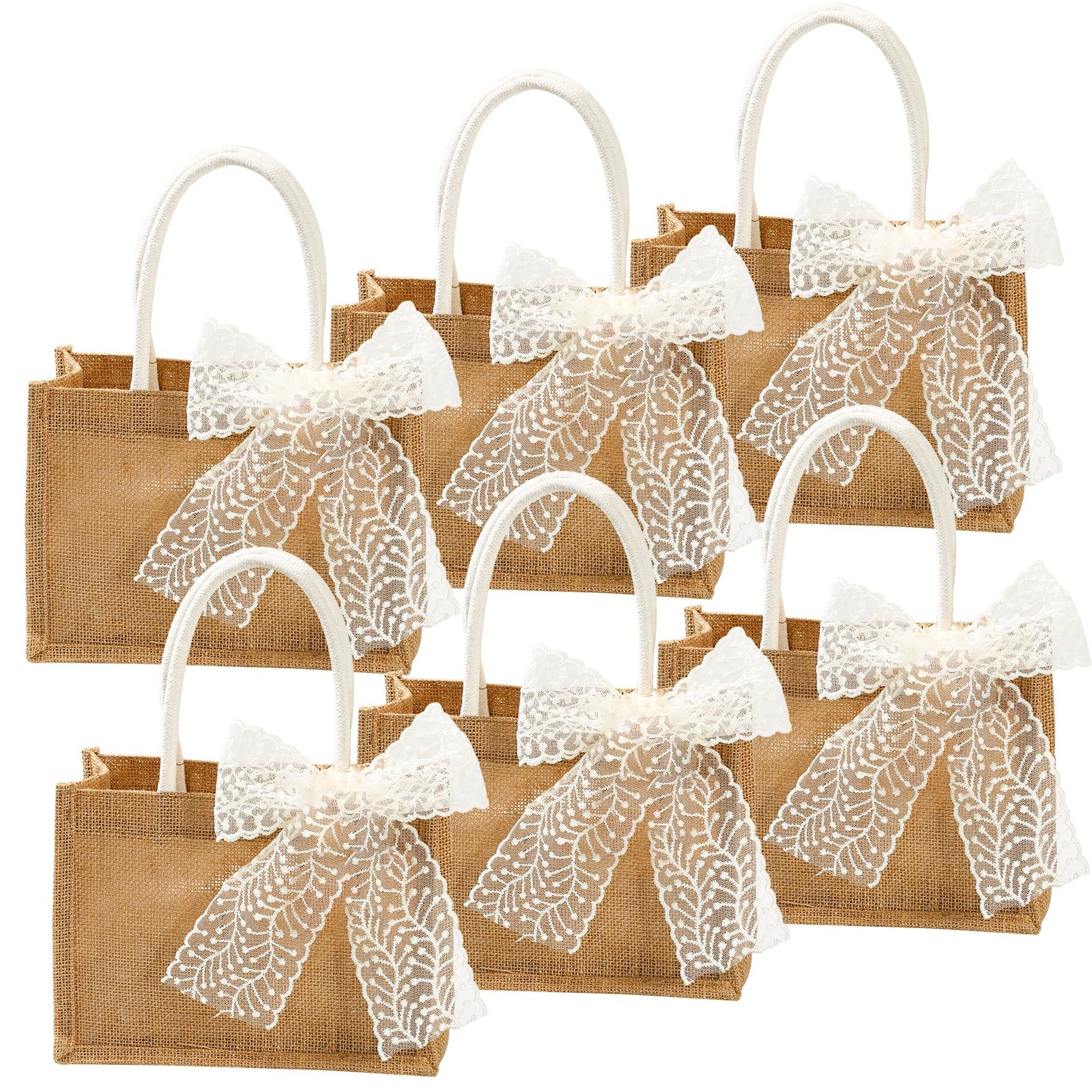 Reusable Burlap Tote Bags 6 Pack with Handles Ribbons for Wedding Gifts