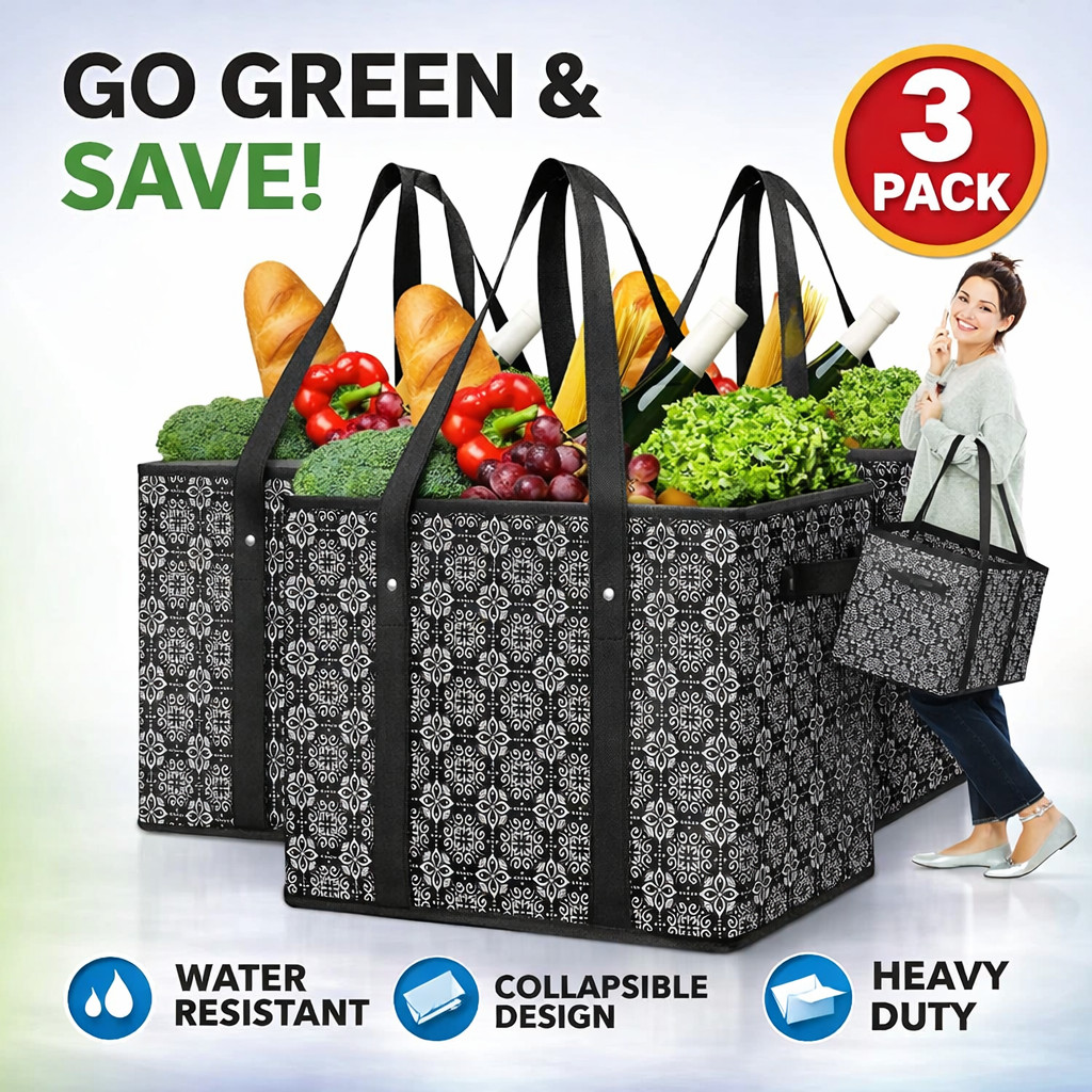 Reusable Grocery Bags 3 Pack Collapsible Totes Storage Box Water Resistant Black